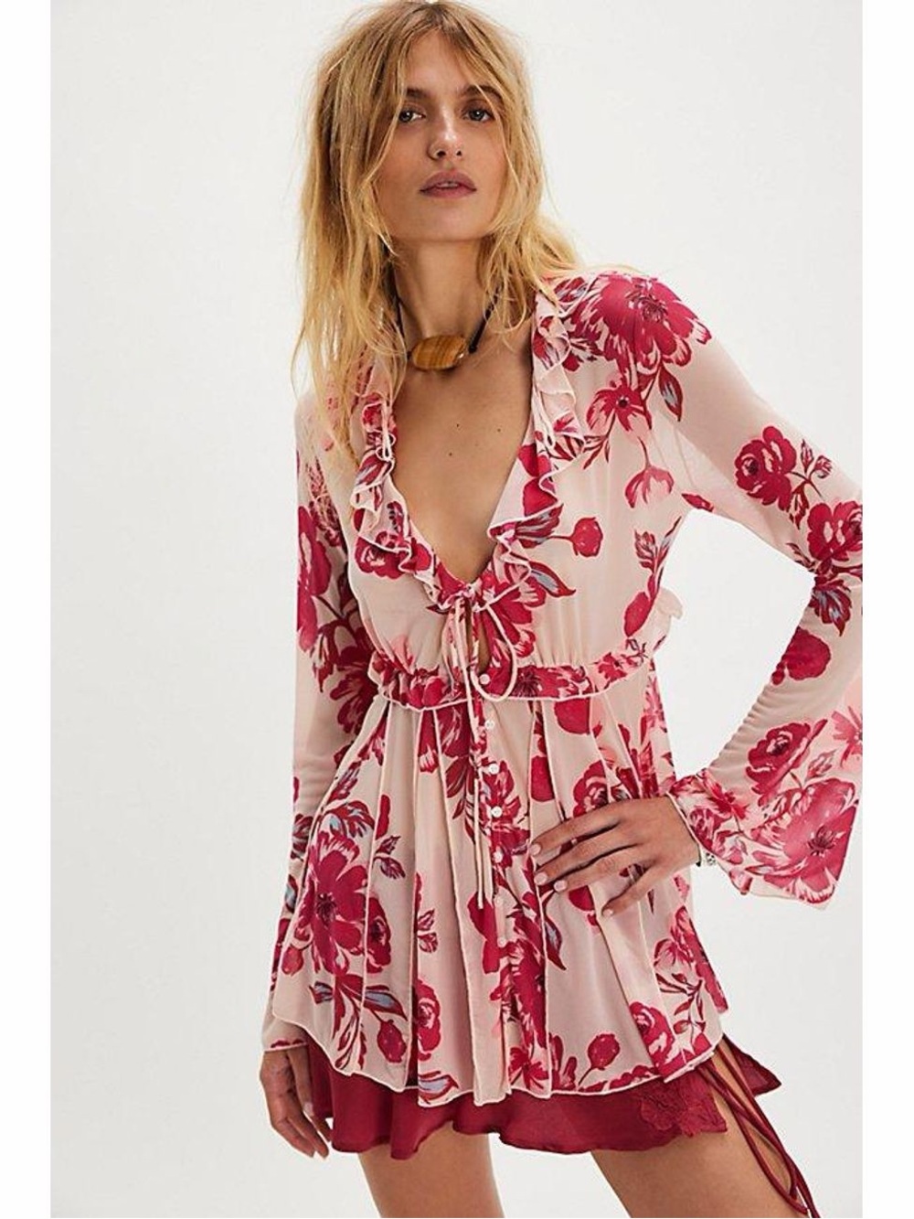 Free People Size M Wildest Dreams Tunic Light Pink & Magenta Flowers